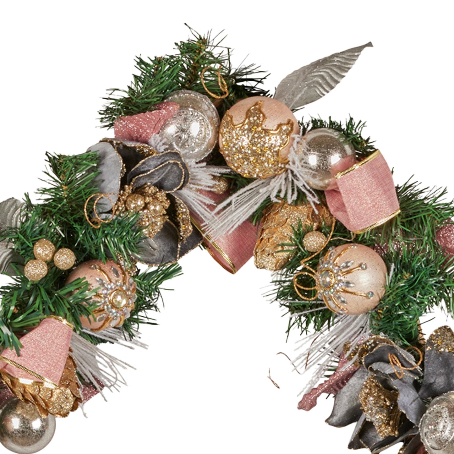 185cm Christmas Garland Lush Green Holiday Door Garland w/Jewelled Baubles, Flowers, Ribbon & Berries