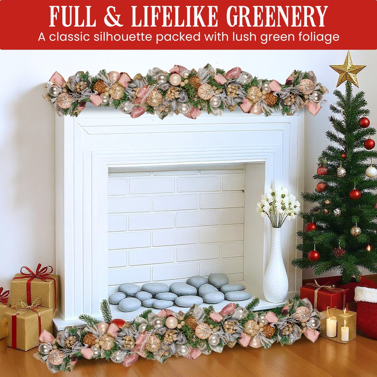 185cm Christmas Garland Lush Green Holiday Door Garland w/Jewelled Baubles, Flowers, Ribbon & Berries