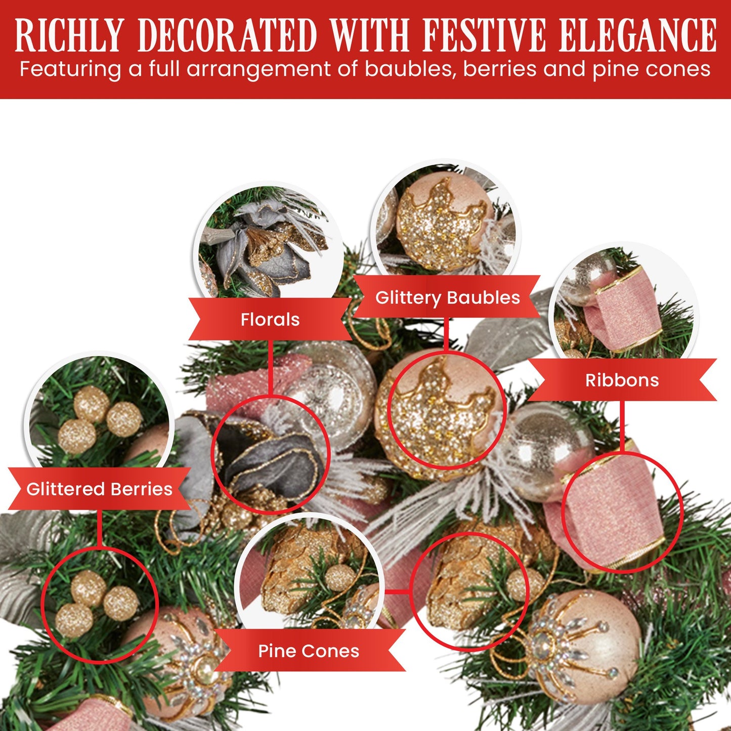 185cm Christmas Garland Lush Green Holiday Door Garland w/Jewelled Baubles, Flowers, Ribbon & Berries