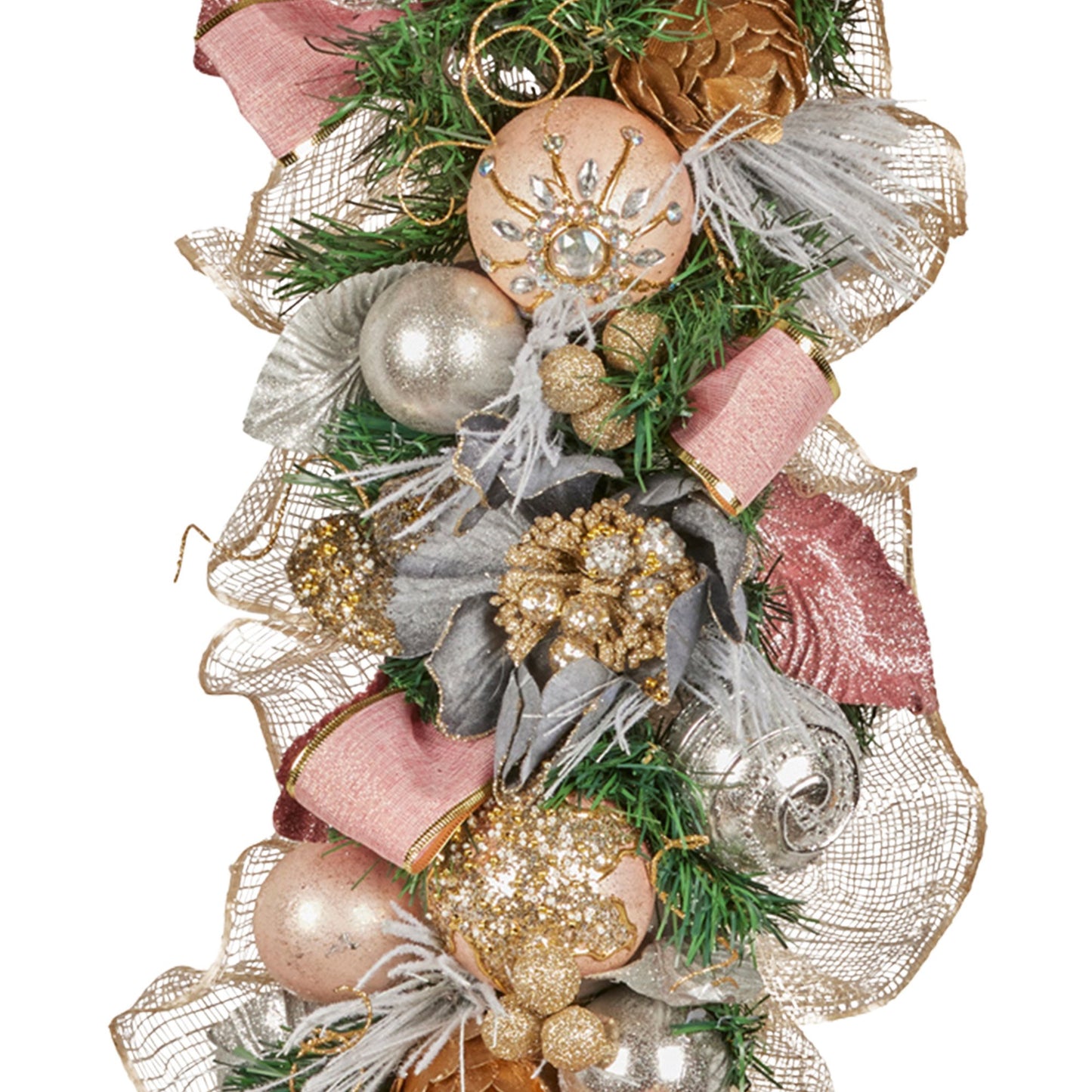 100cm Christmas Garland Lush Green Holiday Door Garland w/Jewelled Baubles & Berries Pre Decorated Festive