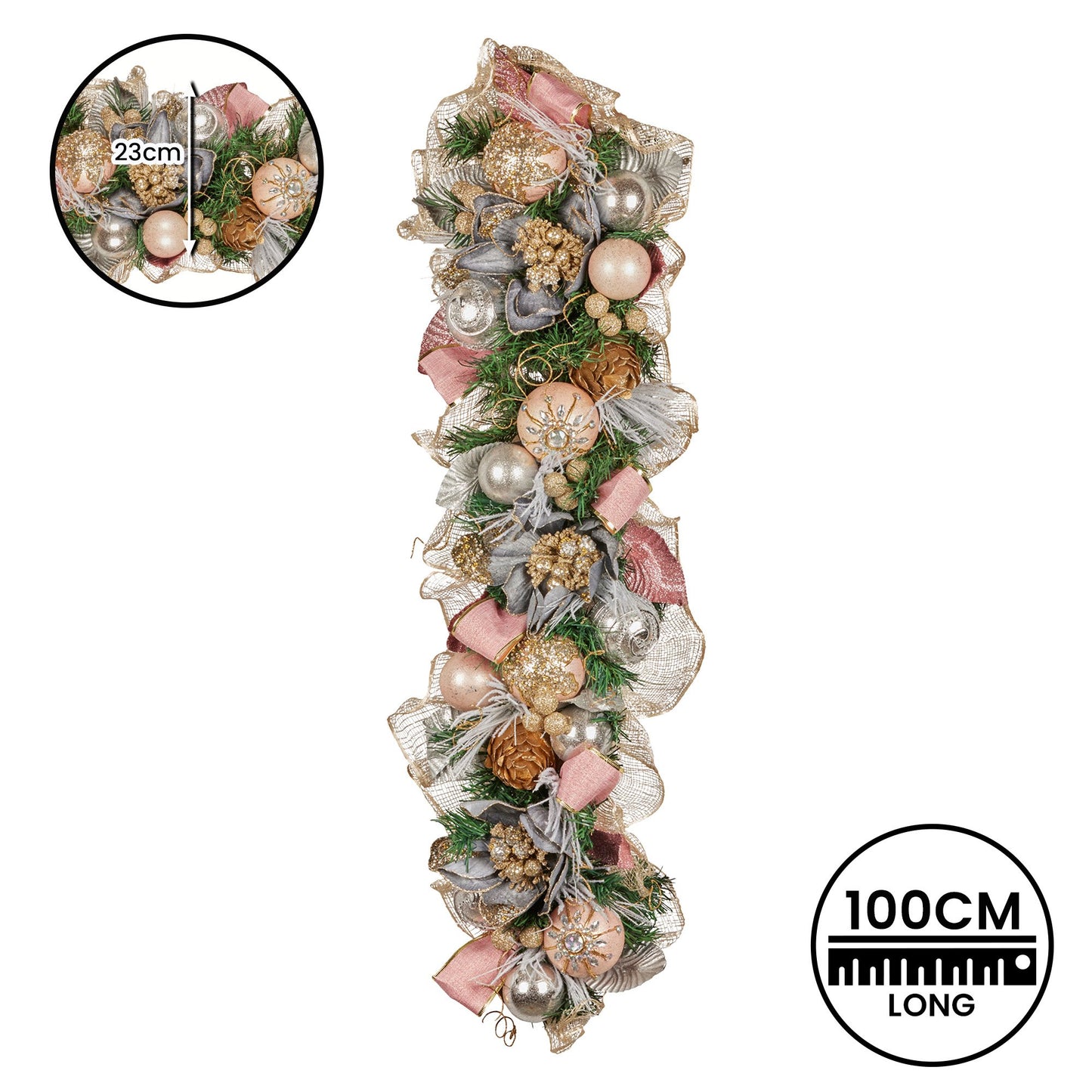 100cm Christmas Garland Lush Green Holiday Door Garland w/Jewelled Baubles & Berries Pre Decorated Festive
