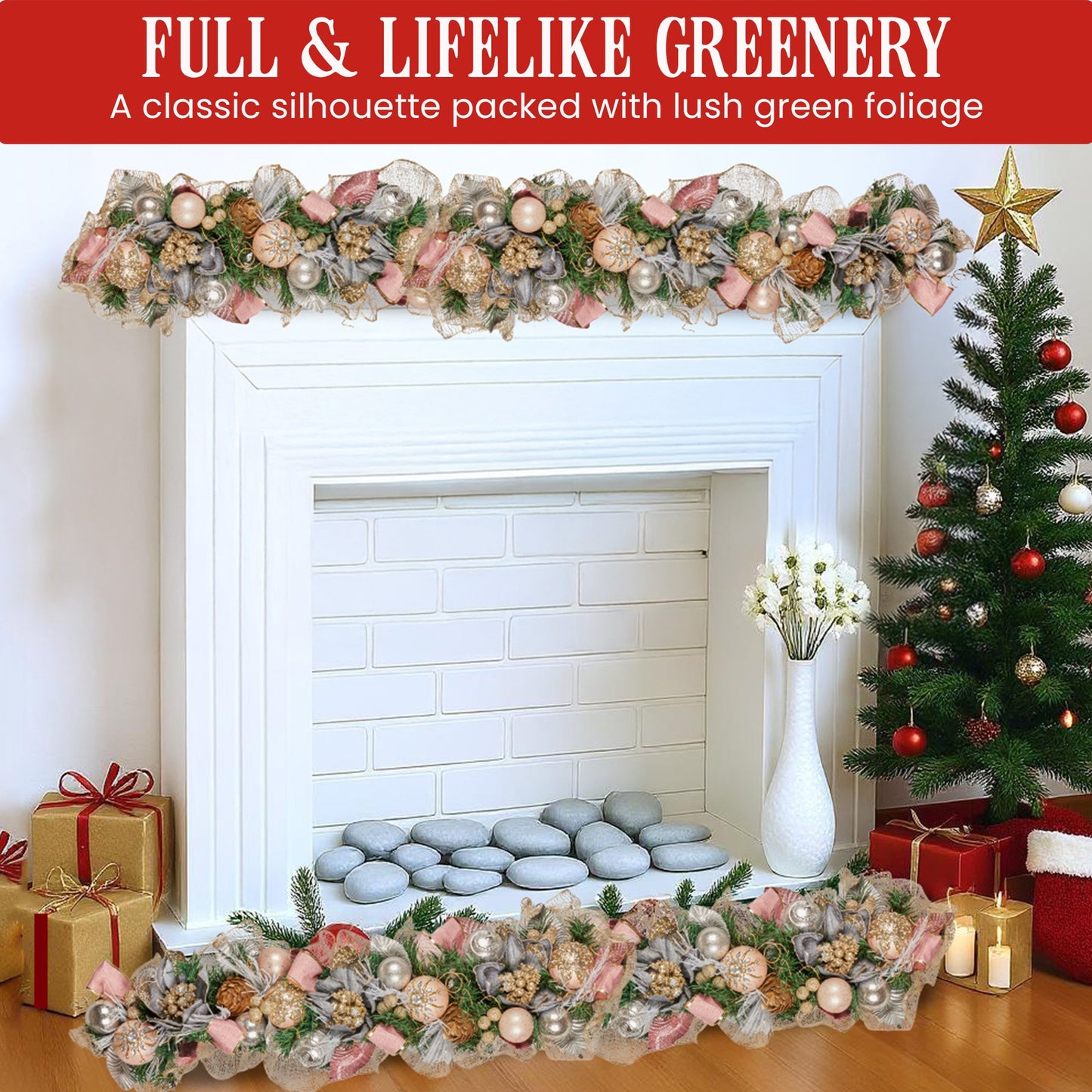 100cm Christmas Garland Lush Green Holiday Door Garland w/Jewelled Baubles & Berries Pre Decorated Festive