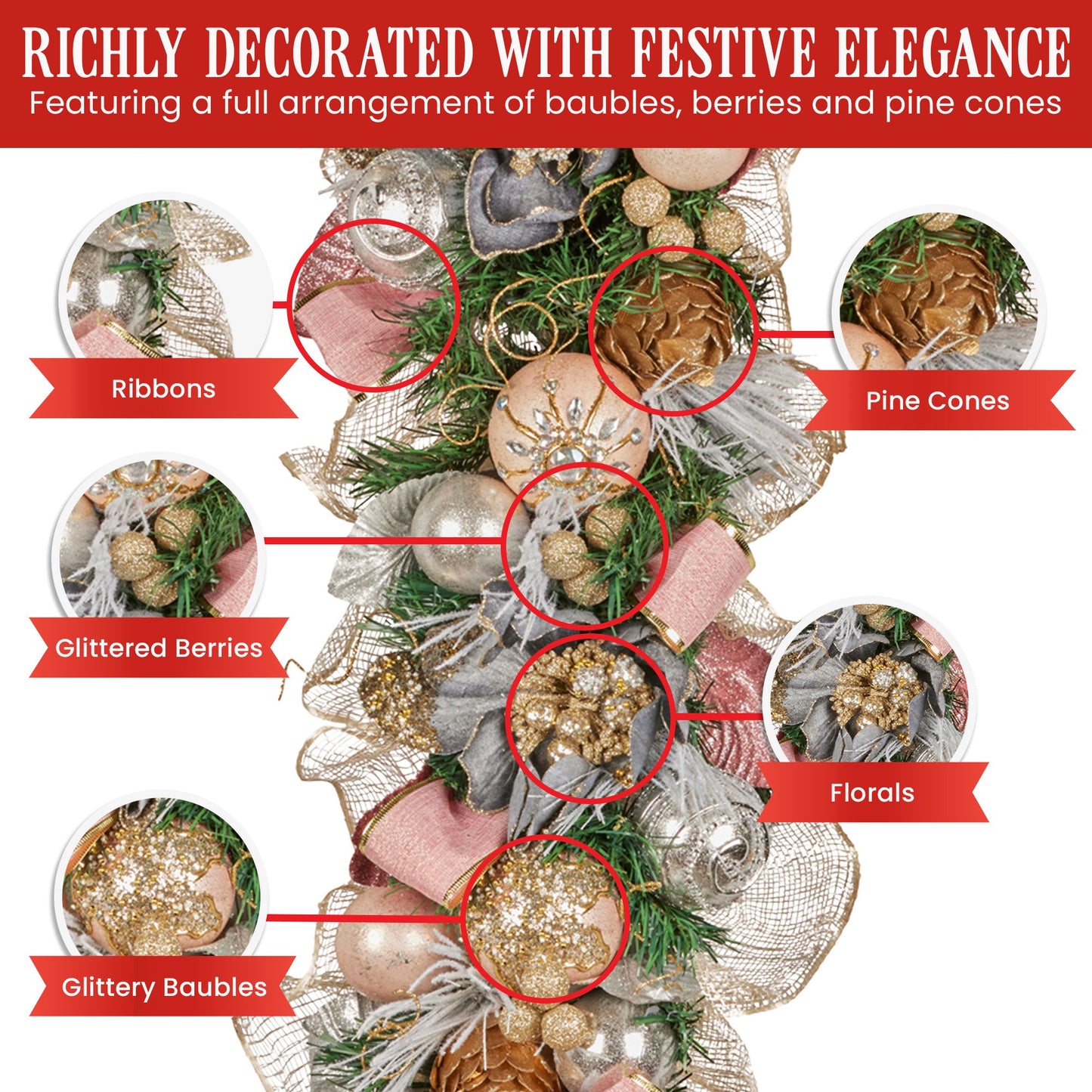 100cm Christmas Garland Lush Green Holiday Door Garland w/Jewelled Baubles & Berries Pre Decorated Festive
