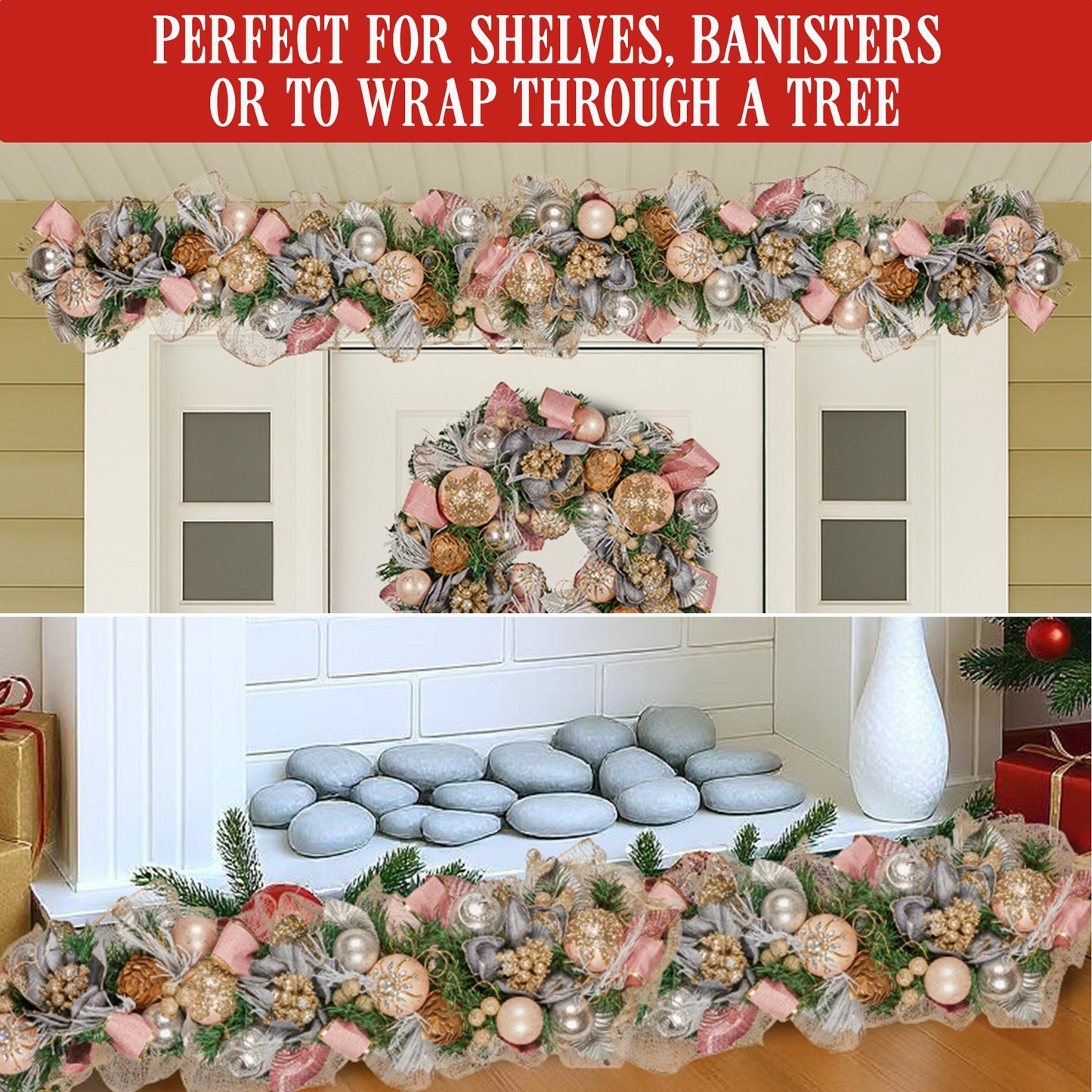 100cm Christmas Garland Lush Green Holiday Door Garland w/Jewelled Baubles & Berries Pre Decorated Festive