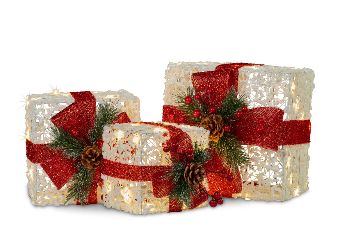 3 Piece Christmas Present Display Set With Lights & Red Bows