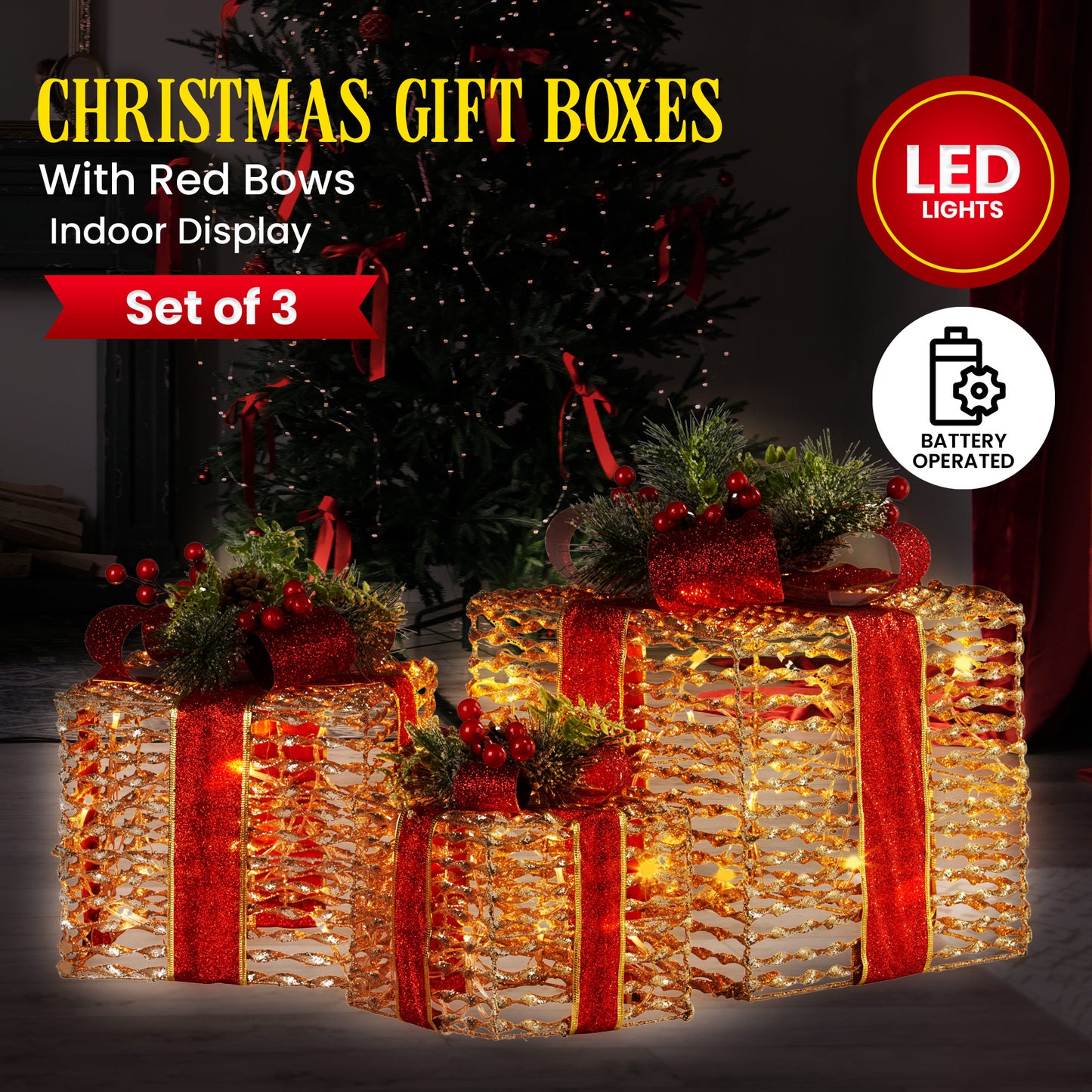 Set Of 3 Christmas Gift Boxes With Lights - Champagne With Red Bows