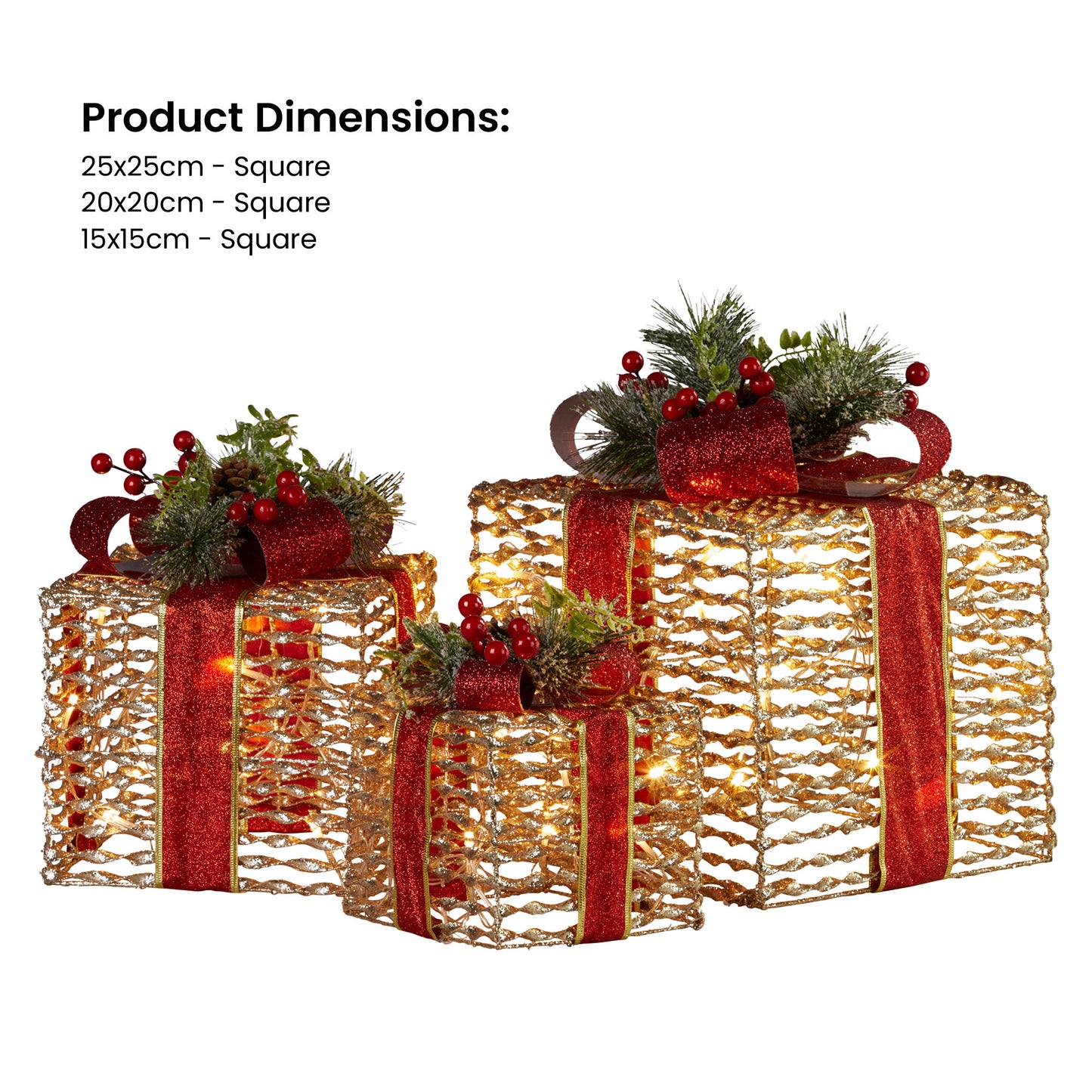 Set Of 3 Christmas Gift Boxes With Lights - Champagne With Red Bows