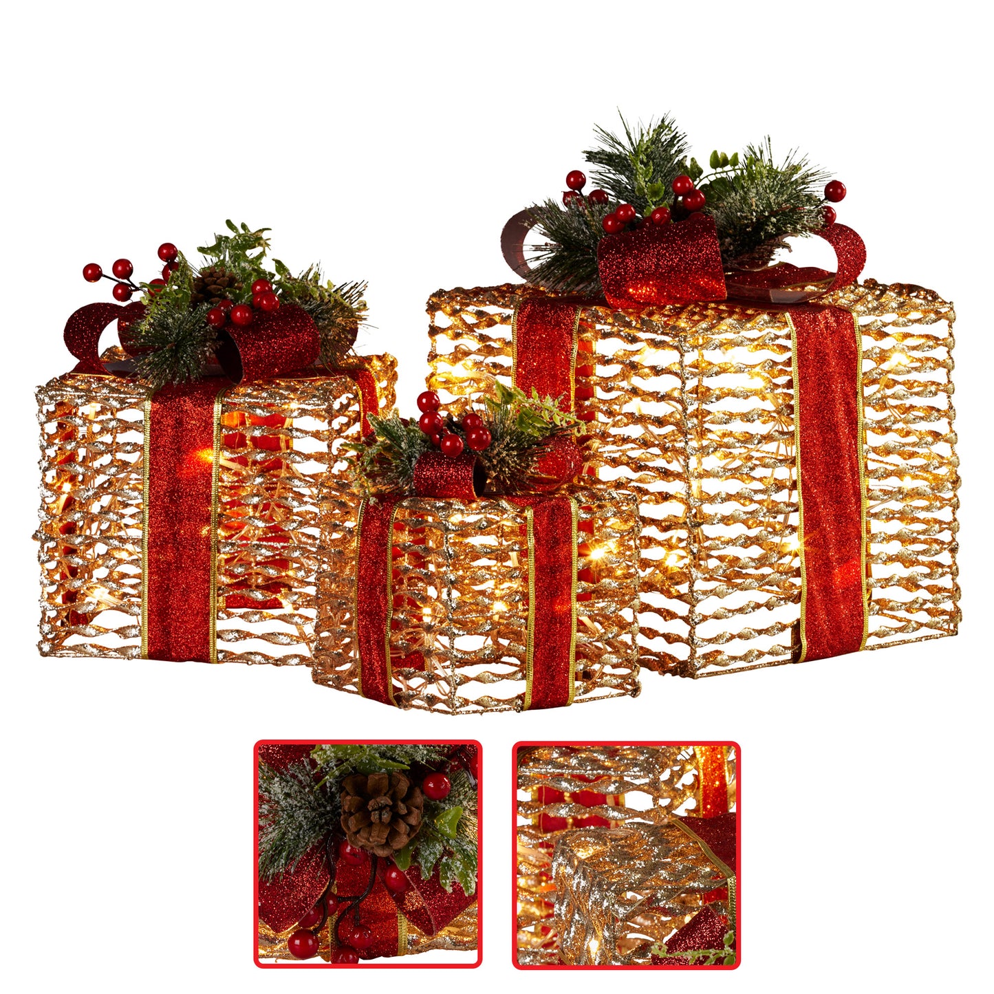 Set Of 3 Christmas Gift Boxes With Lights - Champagne With Red Bows
