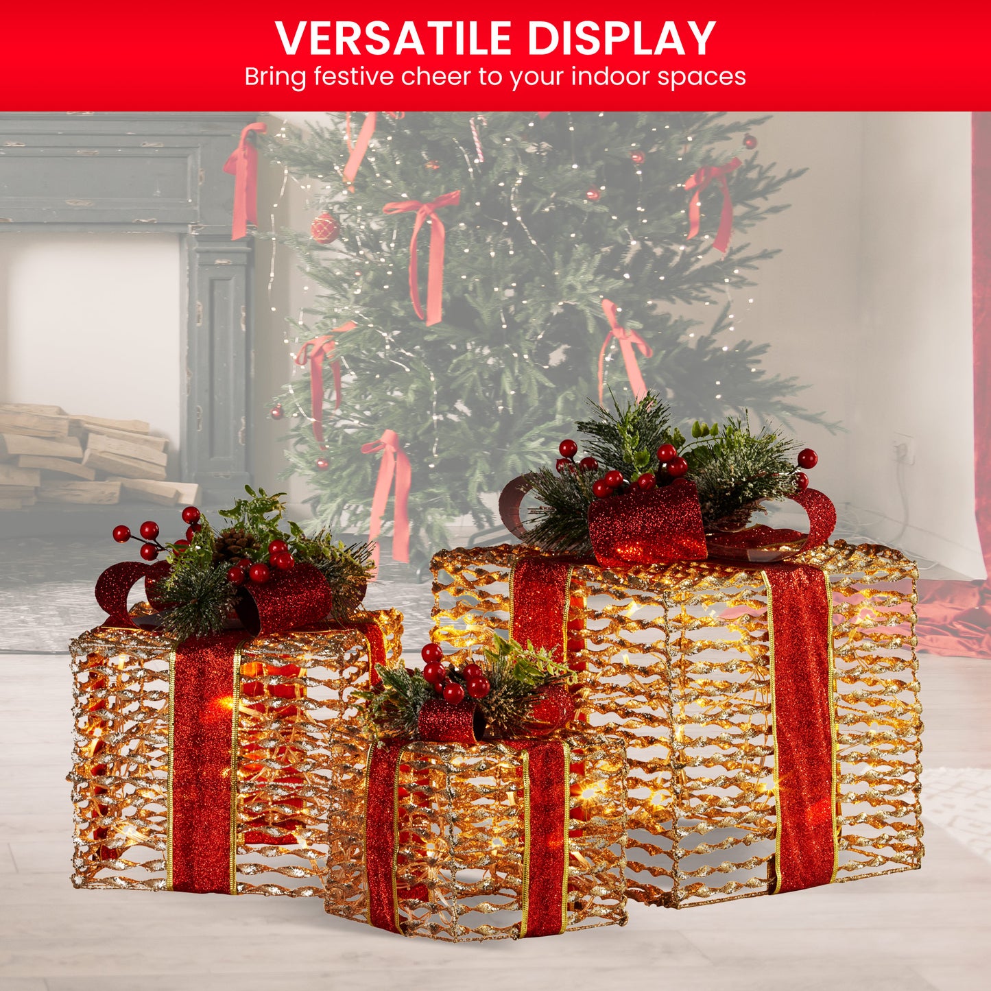 Set Of 3 Christmas Gift Boxes With Lights - Champagne With Red Bows