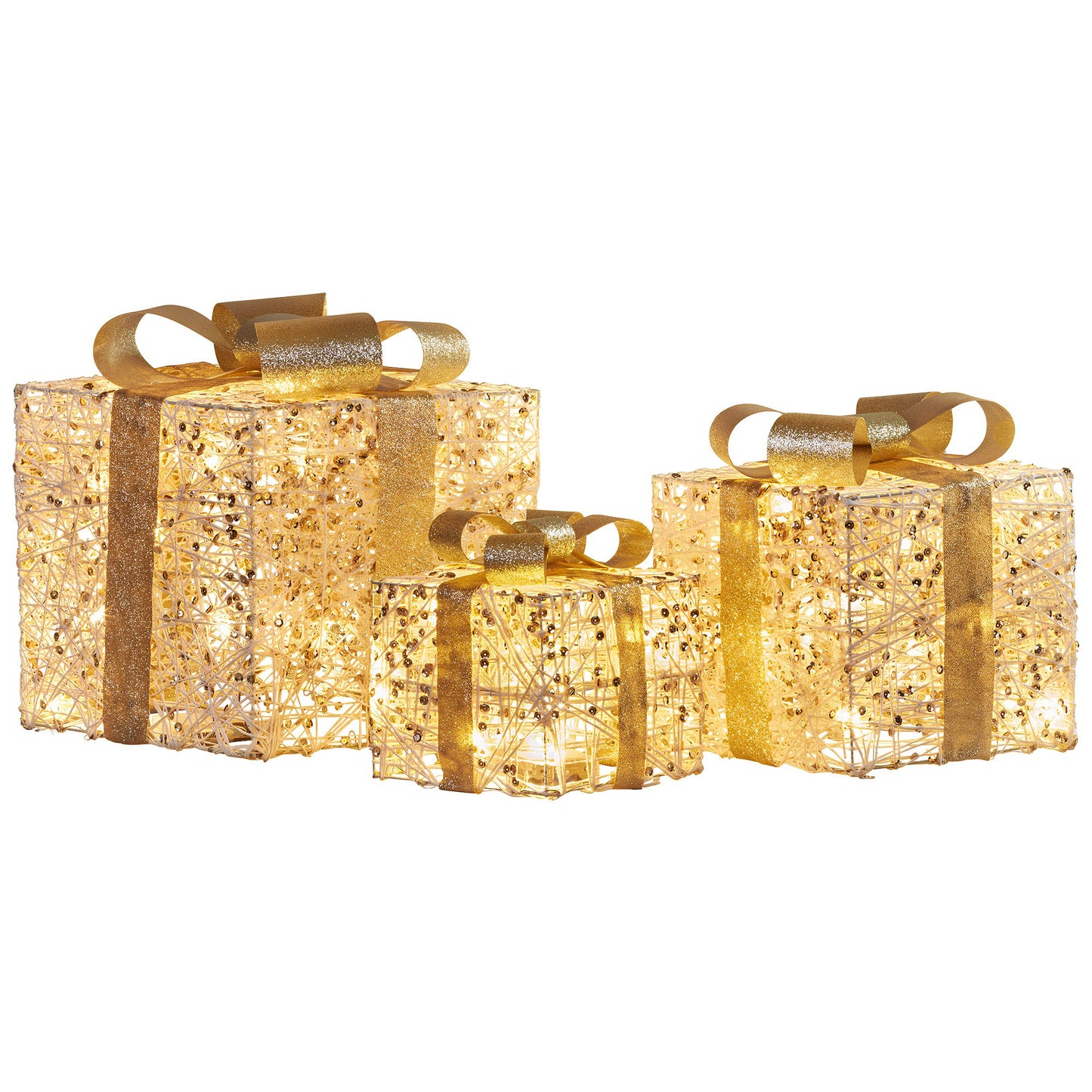 Set of 3 Battery Operated Golden Christmas Gift Boxes w/Warm White LED Lights Indoor Decorative Holiday