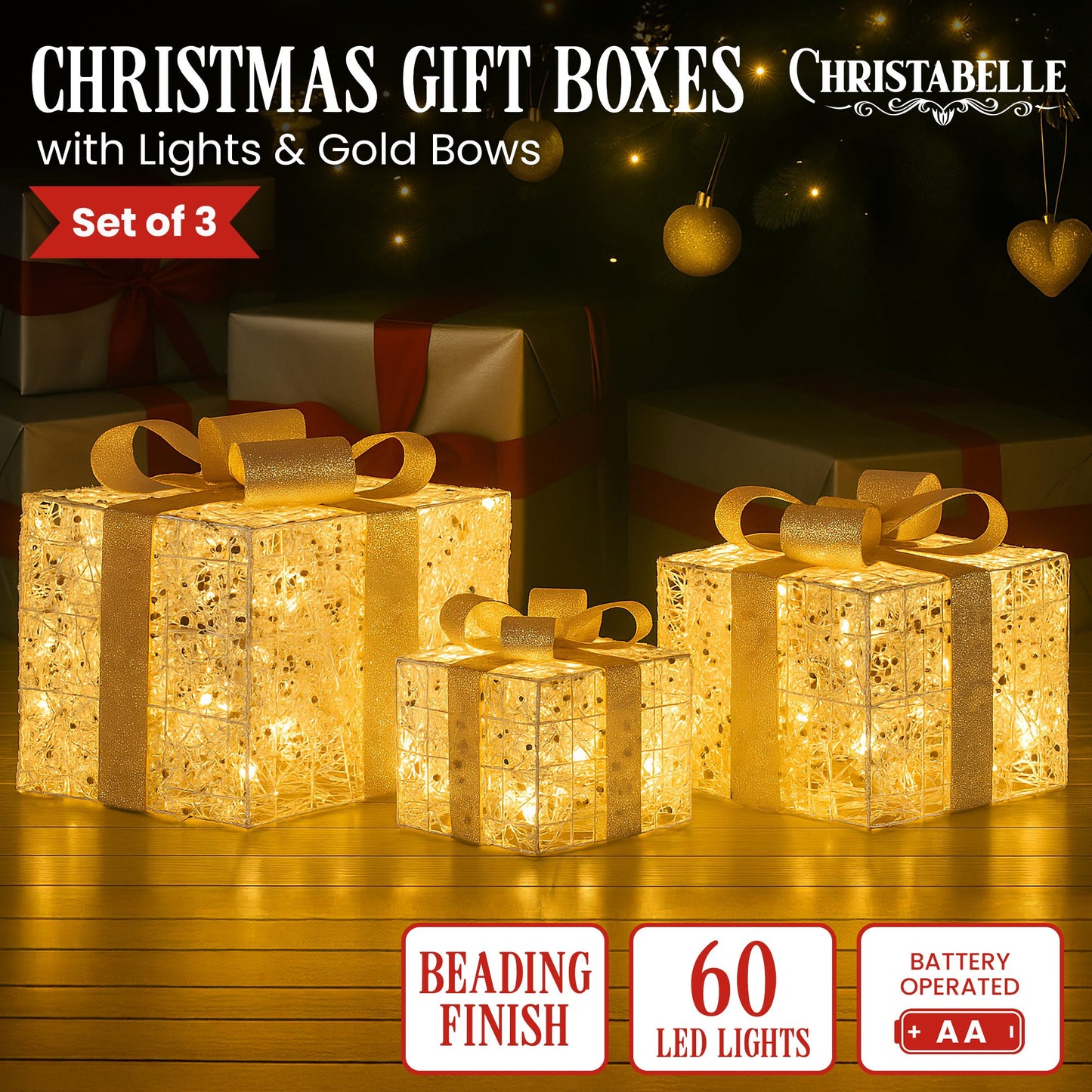 Set of 3 Battery Operated Golden Christmas Gift Boxes w/Warm White LED Lights Indoor Decorative Holiday