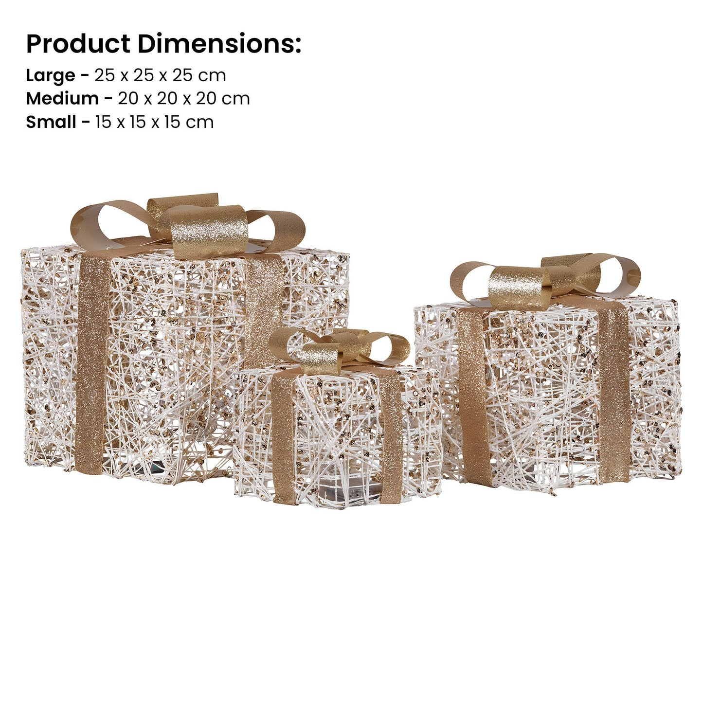 Set of 3 Battery Operated Golden Christmas Gift Boxes w/Warm White LED Lights Indoor Decorative Holiday
