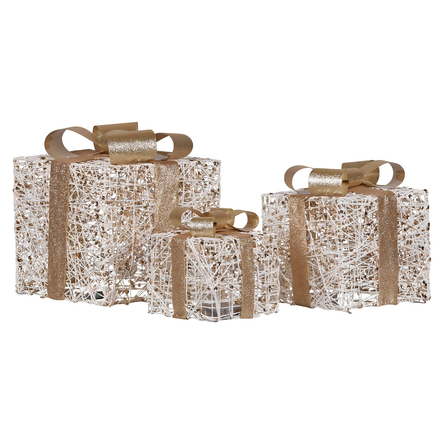 Set of 3 Battery Operated Golden Christmas Gift Boxes w/Warm White LED Lights Indoor Decorative Holiday