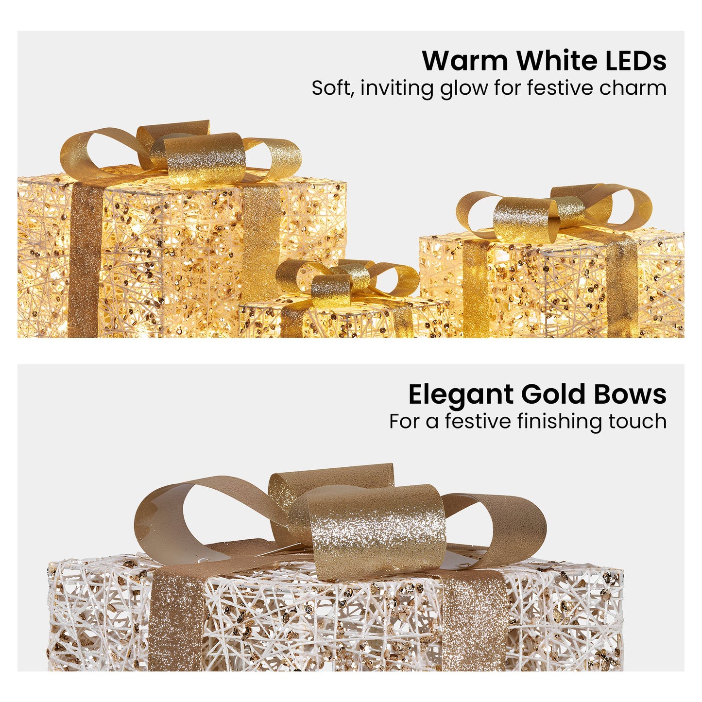 Set of 3 Battery Operated Golden Christmas Gift Boxes w/Warm White LED Lights Indoor Decorative Holiday