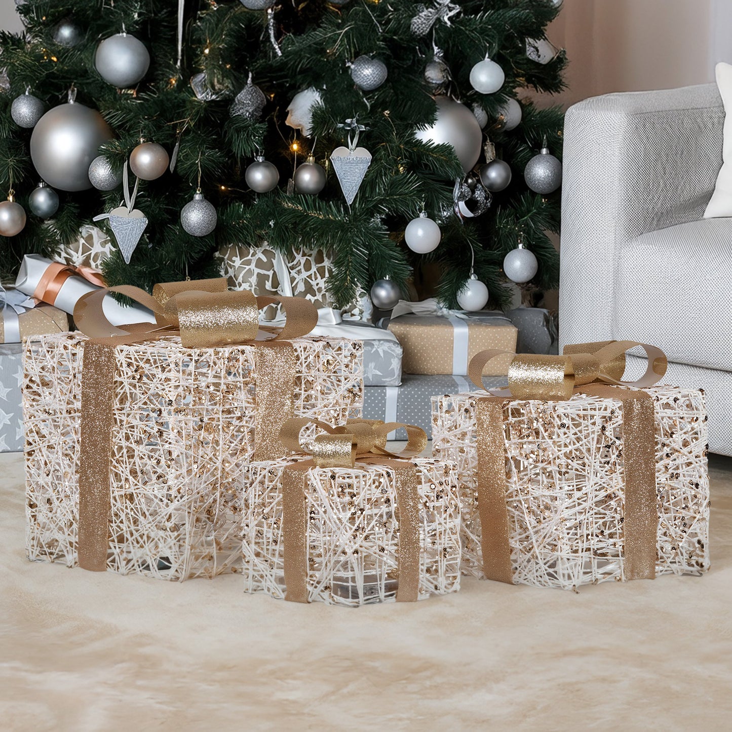 Set of 3 Battery Operated Golden Christmas Gift Boxes w/Warm White LED Lights Indoor Decorative Holiday