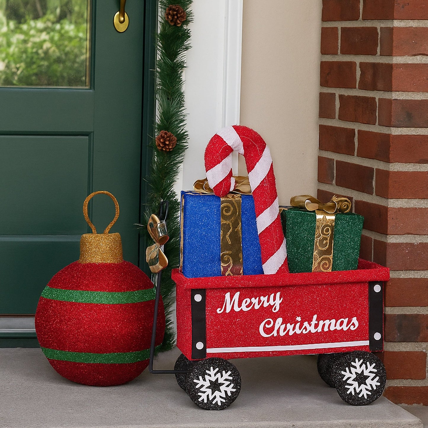Christmas Cart Display w/Candy Cane & Presents Warm White LED Lights Wire Frame Structure Indoor & Outdoor