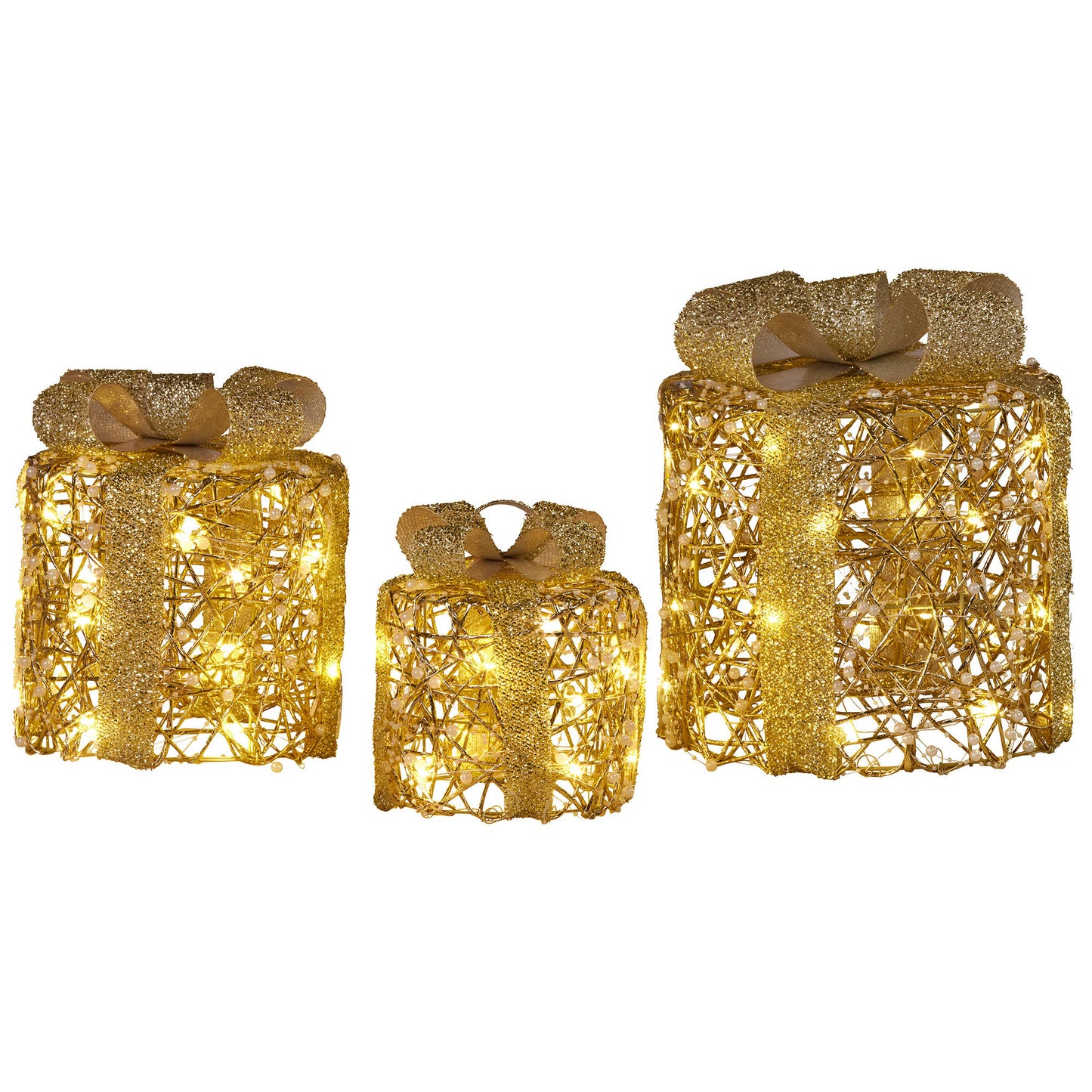 Set of 3 Battery Operated Golden Cylindrical Christmas Gift Boxes w/Warm LED Lights Indoor Holiday Present