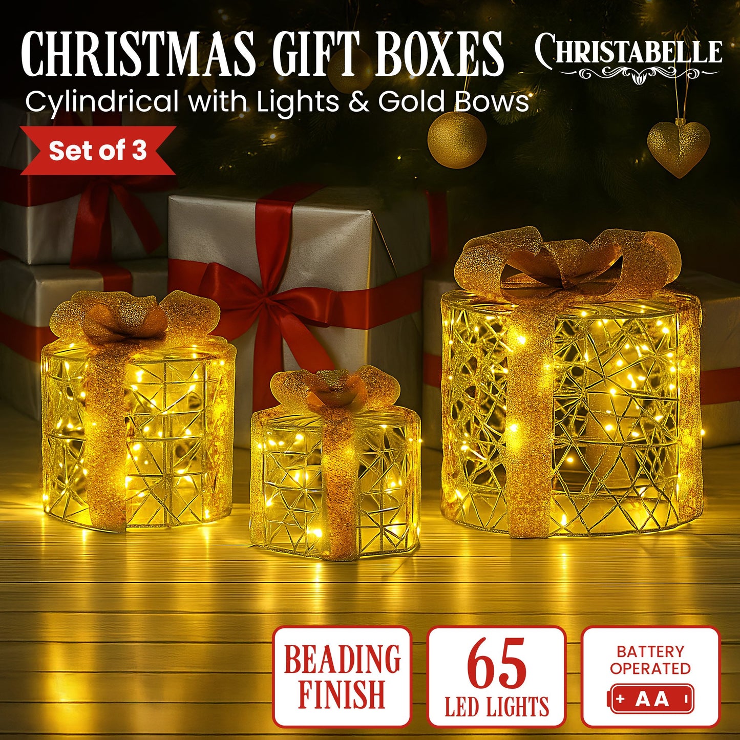 Set of 3 Battery Operated Golden Cylindrical Christmas Gift Boxes w/Warm LED Lights Indoor Holiday Present