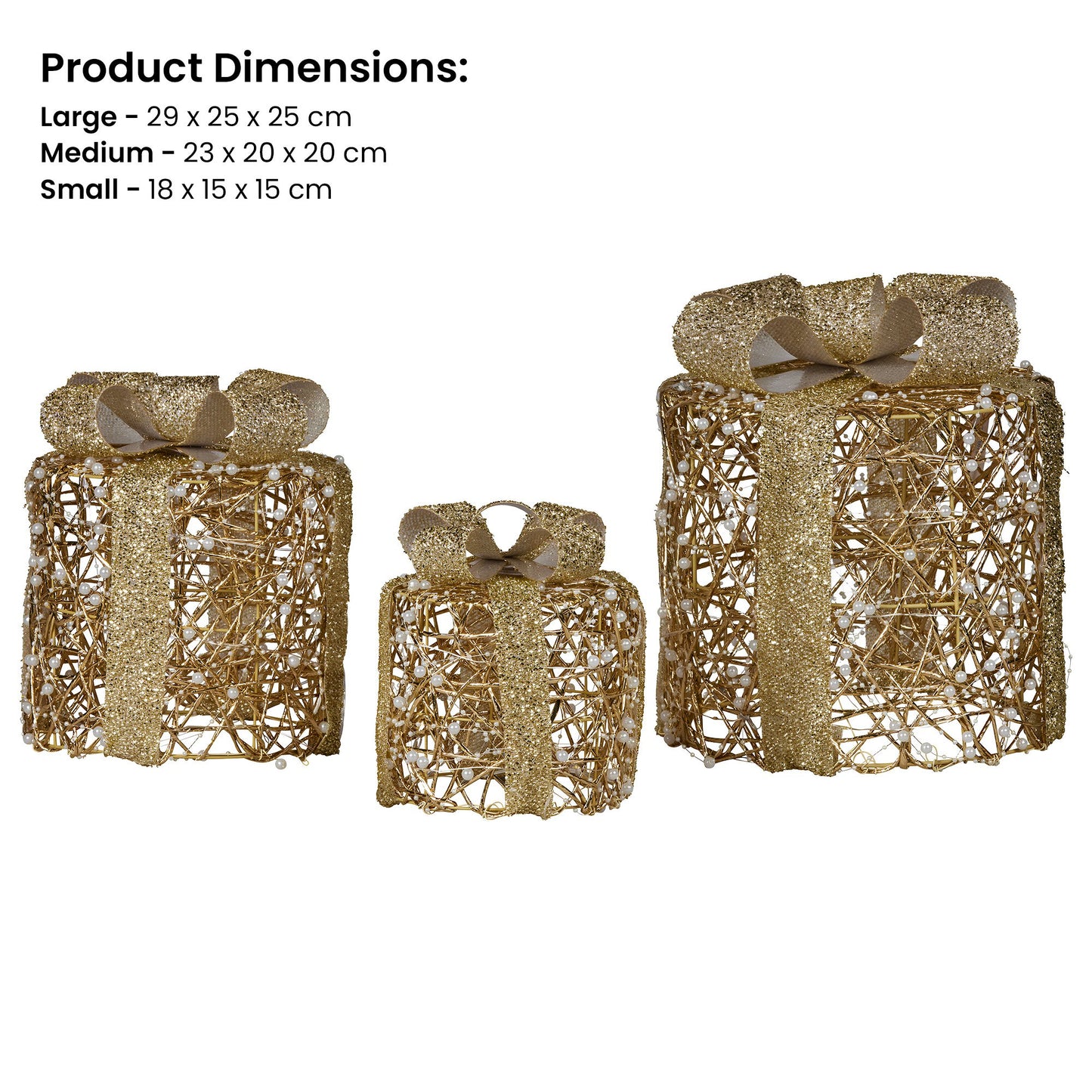 Set of 3 Battery Operated Golden Cylindrical Christmas Gift Boxes w/Warm LED Lights Indoor Holiday Present