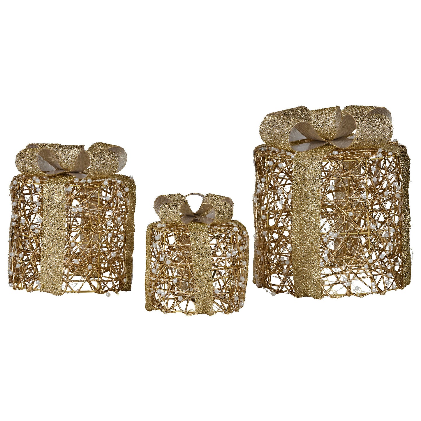 Set of 3 Battery Operated Golden Cylindrical Christmas Gift Boxes w/Warm LED Lights Indoor Holiday Present