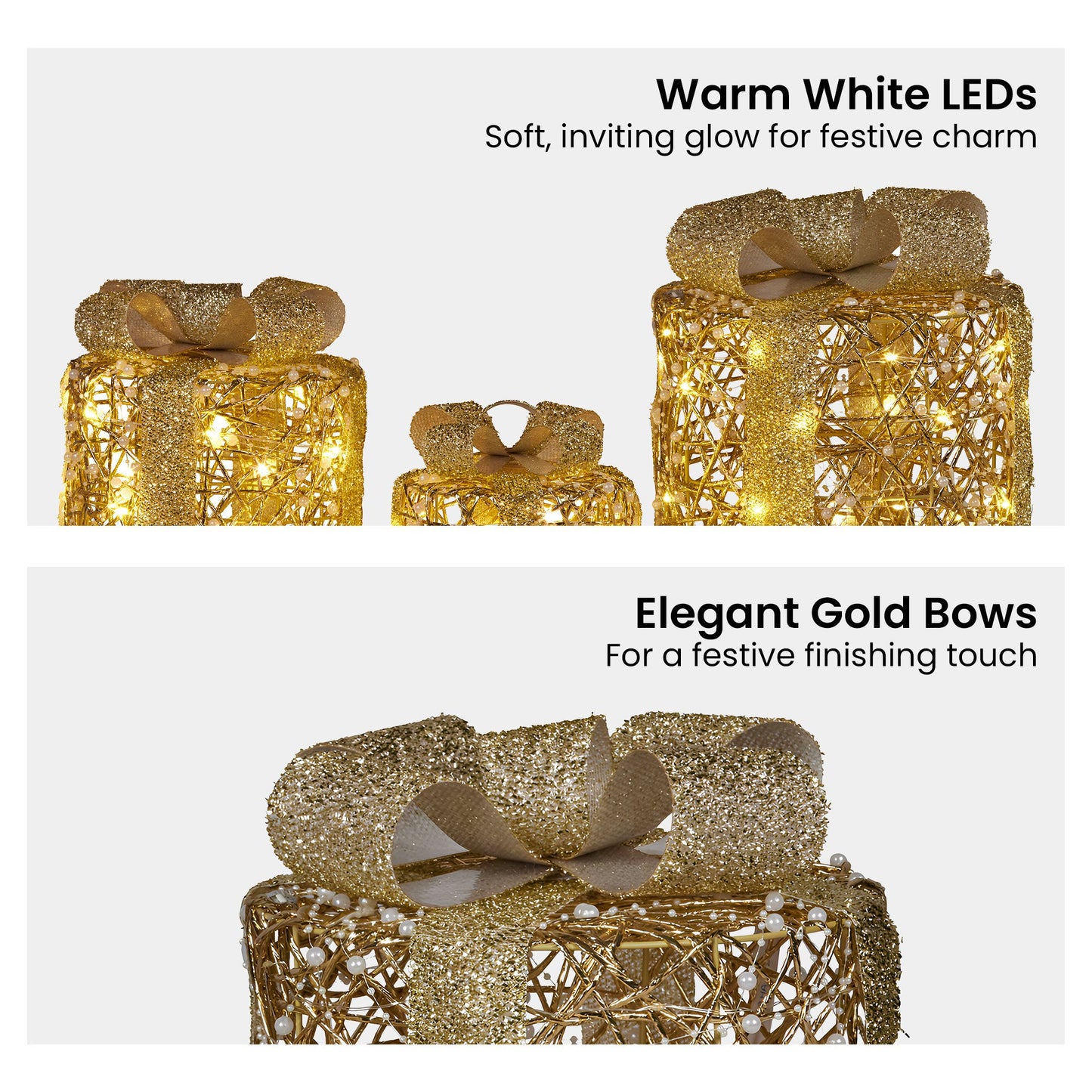 Set of 3 Battery Operated Golden Cylindrical Christmas Gift Boxes w/Warm LED Lights Indoor Holiday Present