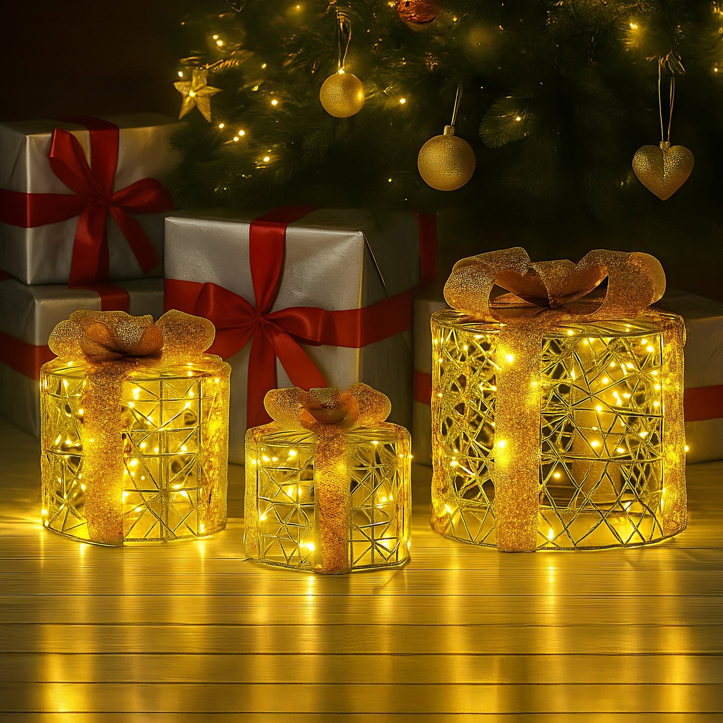 Set of 3 Battery Operated Golden Cylindrical Christmas Gift Boxes w/Warm LED Lights Indoor Holiday Present