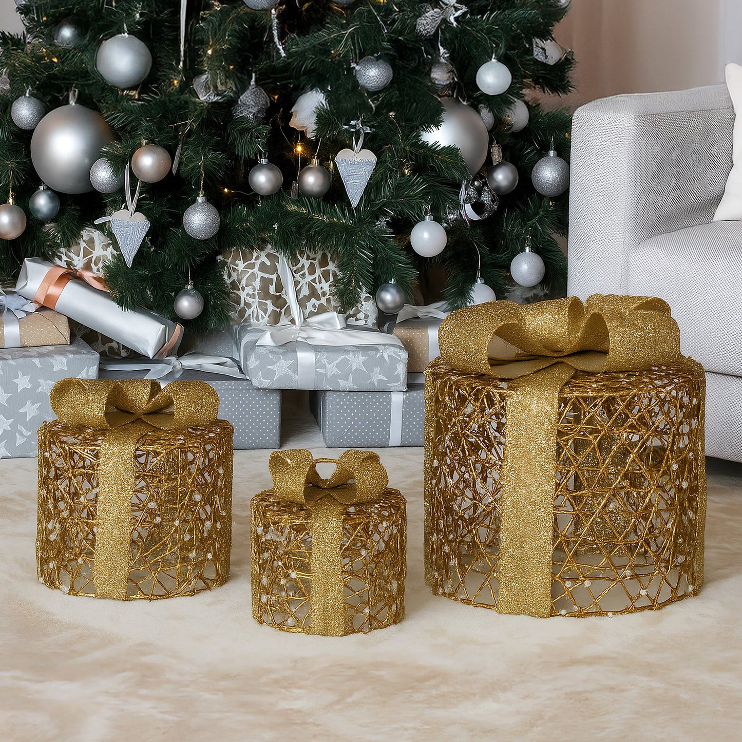 Set of 3 Battery Operated Golden Cylindrical Christmas Gift Boxes w/Warm LED Lights Indoor Holiday Present