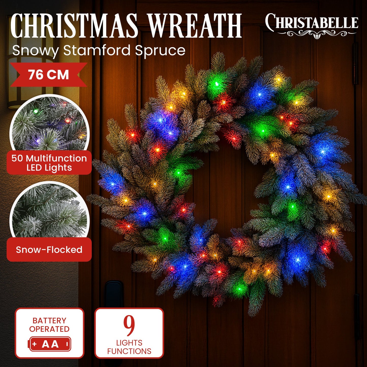 National Tree Company 76cm Pre Lit Snowy Stamford Spruce Battery Operated Christmas Wreath w/LED Lights & Timer