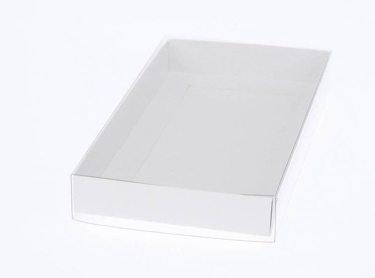 10 Pack of White Card Box - Clear Slide On Lid - 17 x 25 x 5cm - Large Beauty Product Gift Giving Hamper Tray Merch Fashion Cake Sweets Xmas