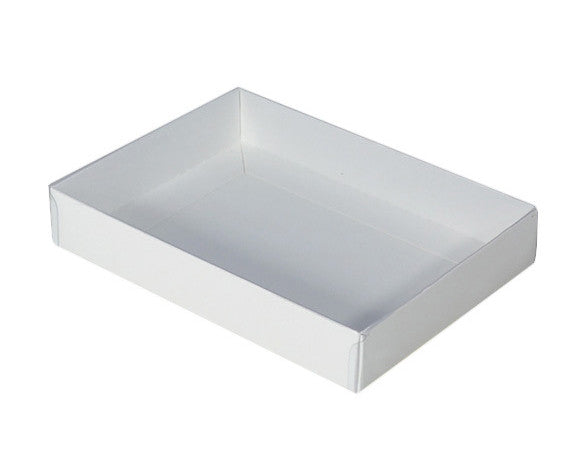 10 Pack of White Card Square Box - Clear Slide On Lid - 20 x 20 x 8cm - Large Beauty Product Gift Giving Hamper Tray Merch Fashion Cake Sweets Xmas