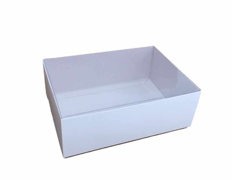 50 Pack of White Card Box - Clear Slide On Lid - 17 x 25 x 5cm - Large Beauty Product Gift Giving Hamper Tray Merch Fashion Cake Sweets Xmas