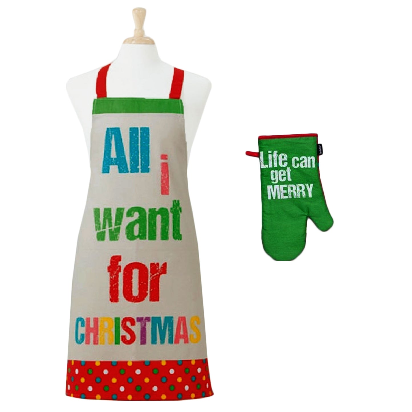 Set of 2 All I want Christmas Oven Mitt & Apron Kitchen Set