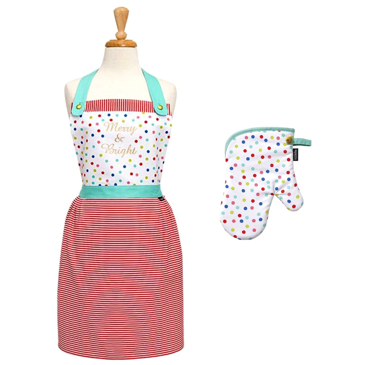 Set of 2 Merry And Bright Christmas Oven Mitt & Apron Kitchen Set