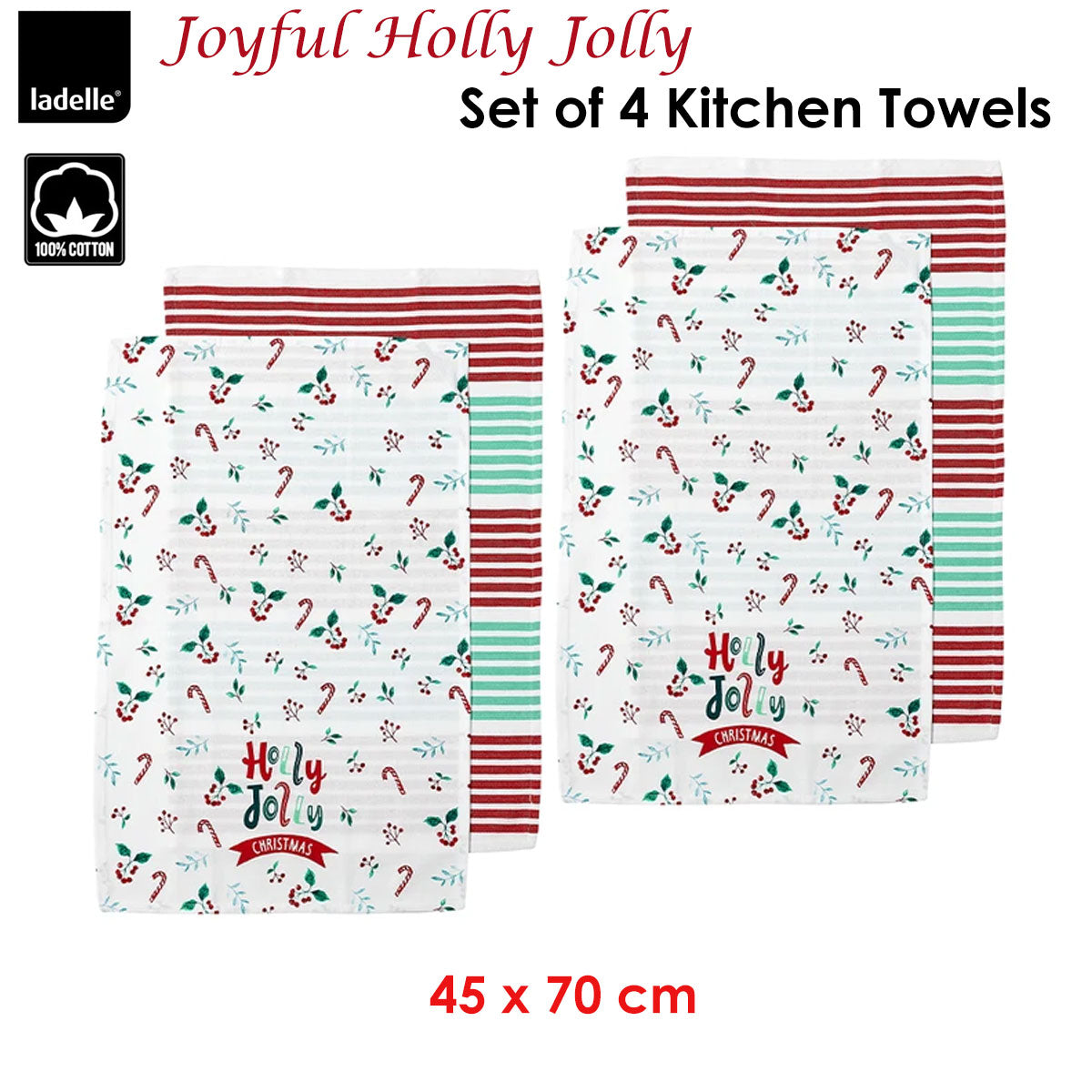 Joyful Holly Jolly Christmas Set of 4 Cotton Kitchen Towels 45 x 70 cm