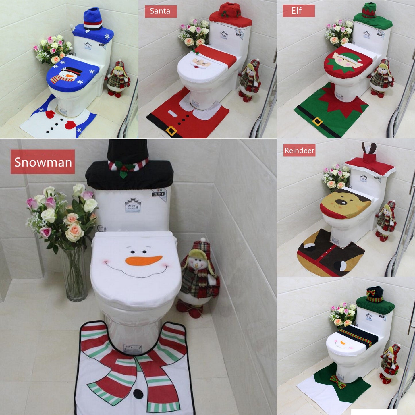 4pcs Christmas Toilet Seat Cover Rug Bathroom Set Santa Snowman Xmas Home D¨¦cor, Santa B (Set of 3)
