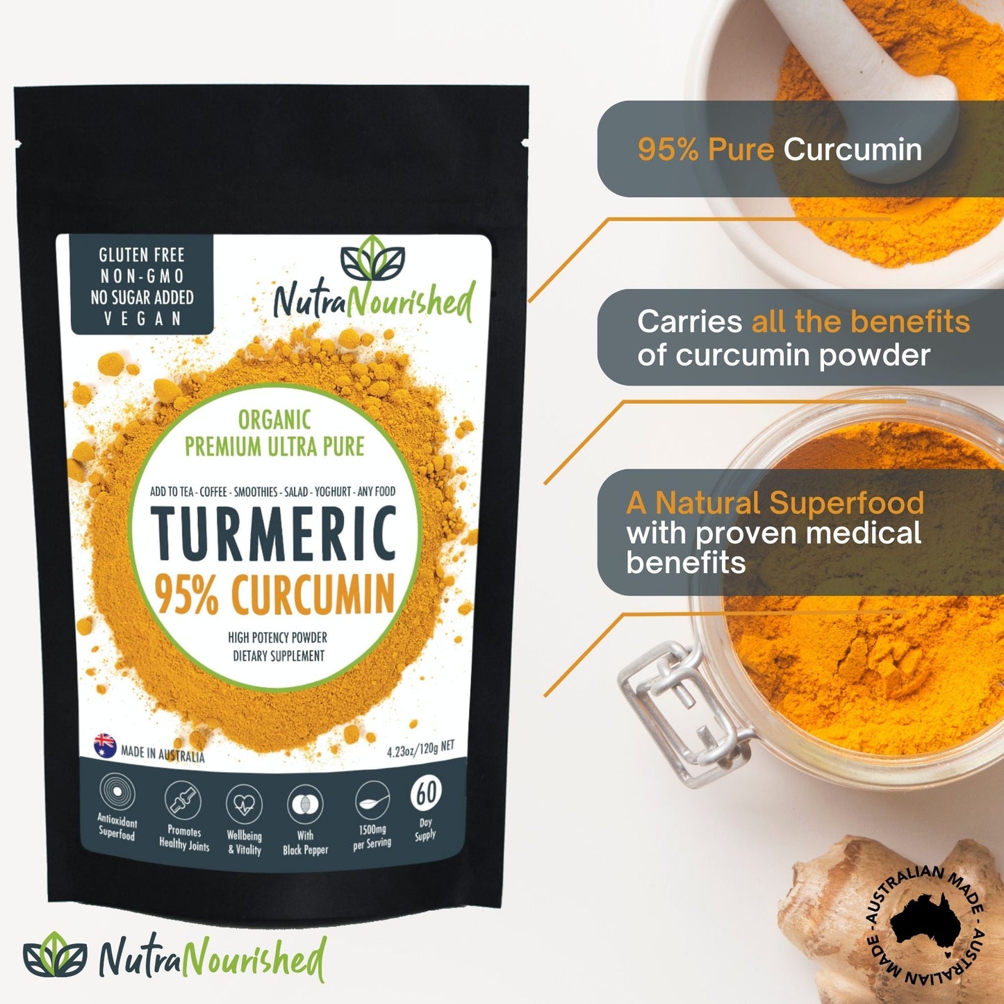 Pure Organic 95 percent Curcumin Powder (120g/2 months supply) - 1500mg of Turmeric Extract Buffered with Black Pepper