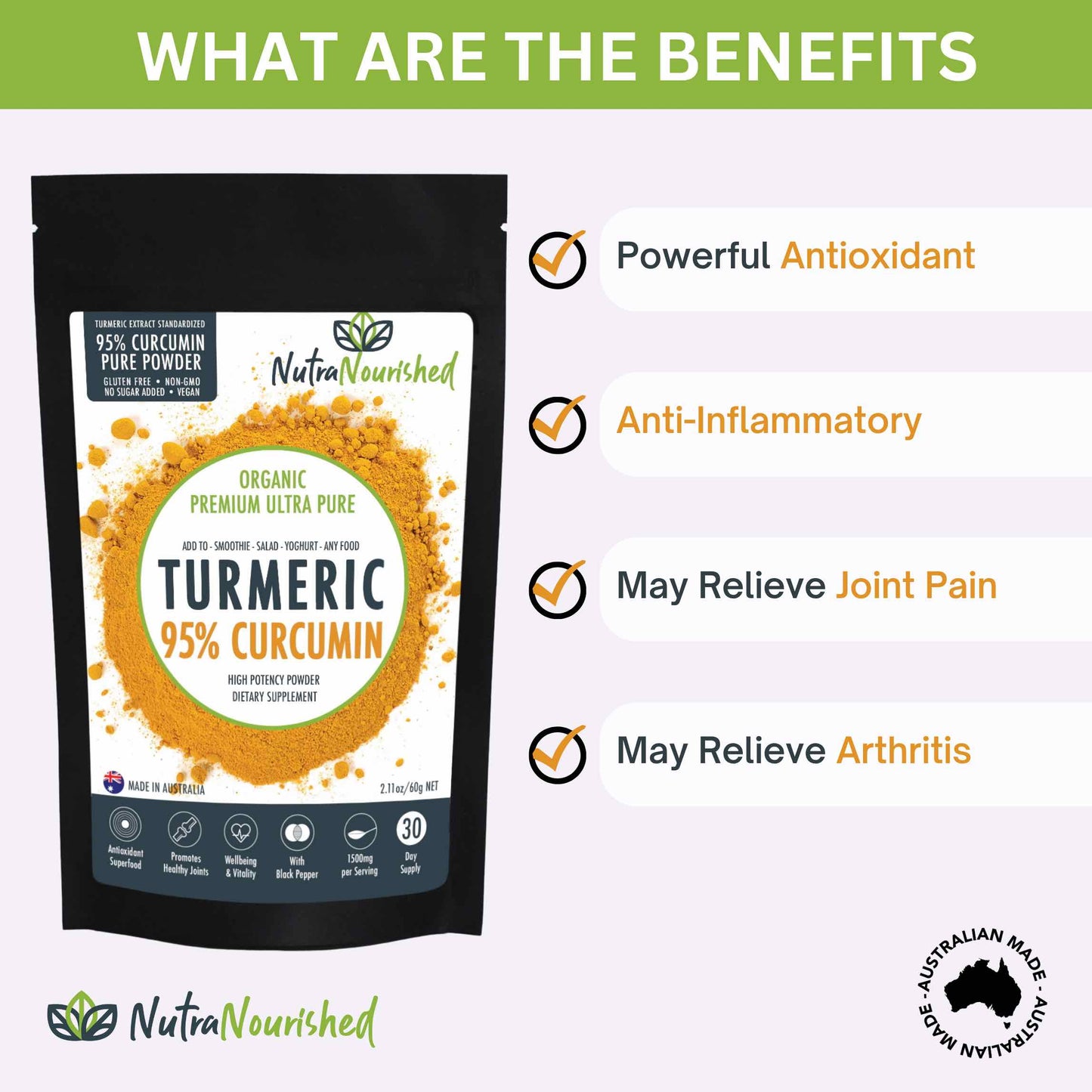 Pure Organic 95 percent Curcumin Powder (60g/1 month supply) - 1500mg of Turmeric Extract Buffered with Black Pepper