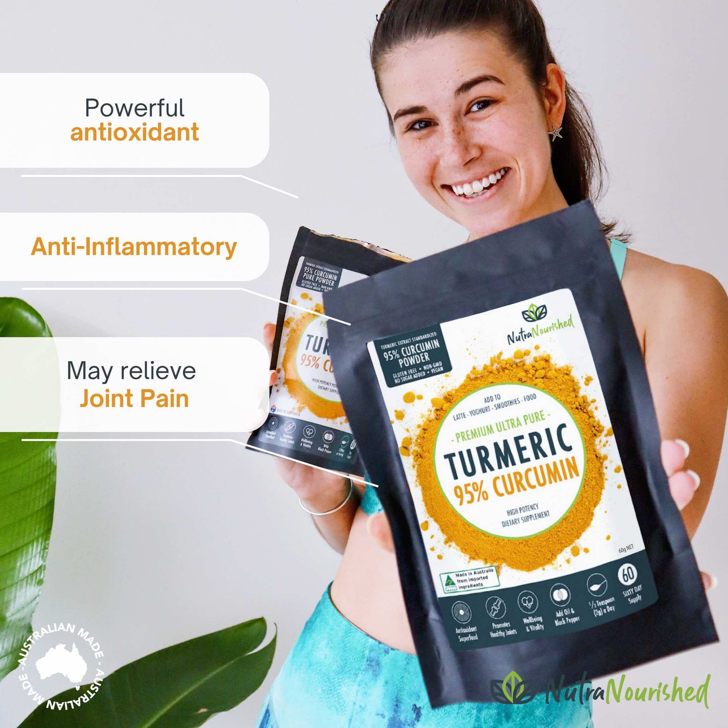 Pure Organic 95 percent Curcumin Powder (60g/1 month supply) - 1500mg of Turmeric Extract Buffered with Black Pepper