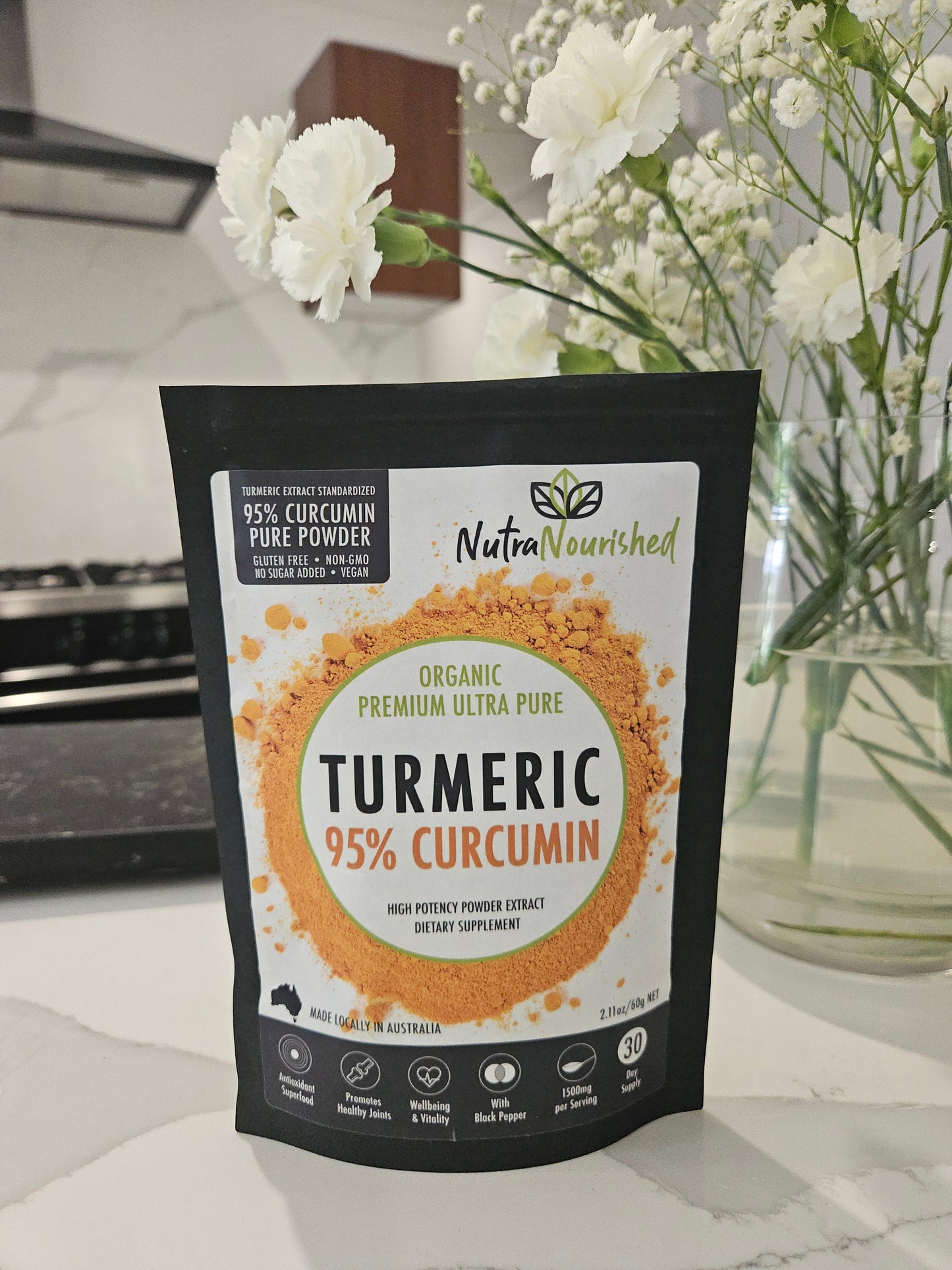 Pure Organic 95 percent Curcumin Powder (60g/1 month supply) - 1500mg of Turmeric Extract Buffered with Black Pepper