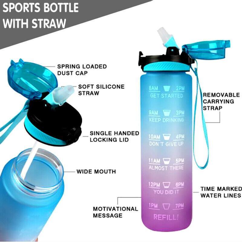 1L Water Bottle Motivational Drink Flask With Time Markings Bpa Free Sport Gym - Blue+Purple