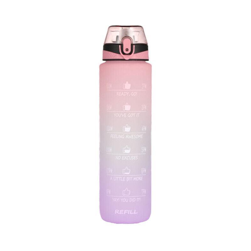 1L Water Bottle Motivational Drink Flask With Time Markings Bpa Free Sport Gym - Pink+Purple