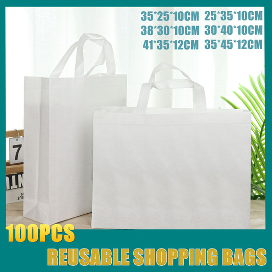 100PCS Reusable Non Woven Shopping Bags Eco Friendly Washable Tote Bags White - 35X25X10CM