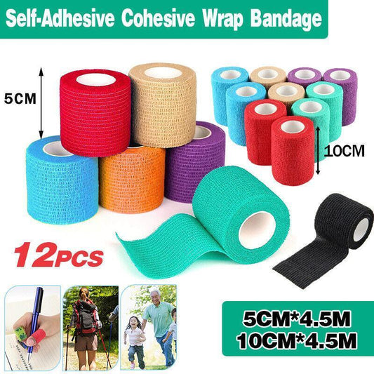 12× Multi-Size Self-Adhesive Cohesive Pet Bandage Wraps - 12PCS(10CM*4.5M)