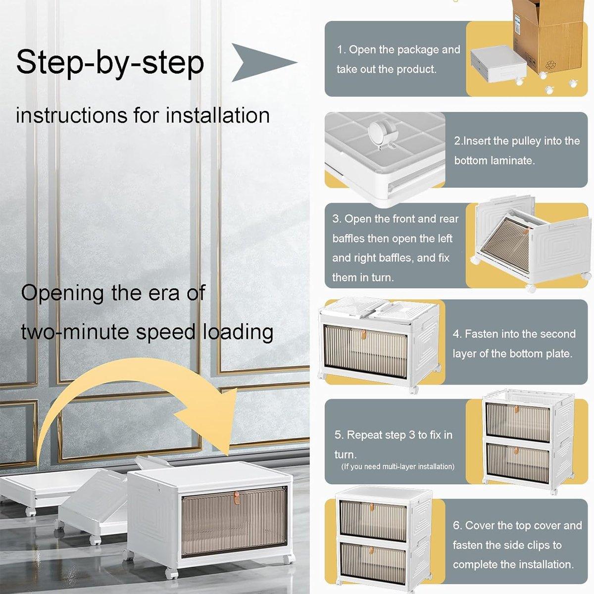 4 Tier Plastic Storage Cabinet with Wheels Large Capacity Foldable Storage Bins