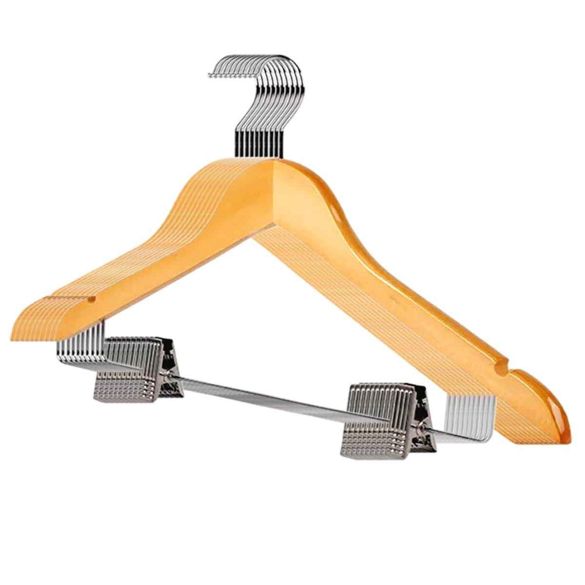 10 Pcs Wooden Non-Slip Wide Shoulder Clothes Hanger with Clip for Hotel Wardrobe - Wood