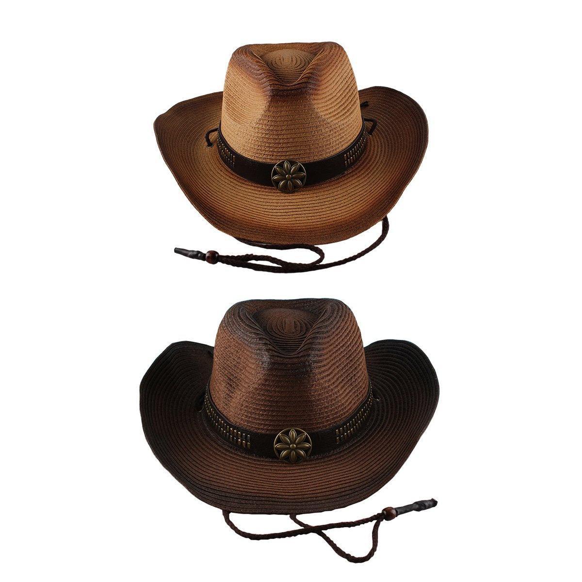 Outdoor Western Cowboy Hat Unisex Straw Hat Visor Hats Big Wide Brim Hat Summer - Coffee