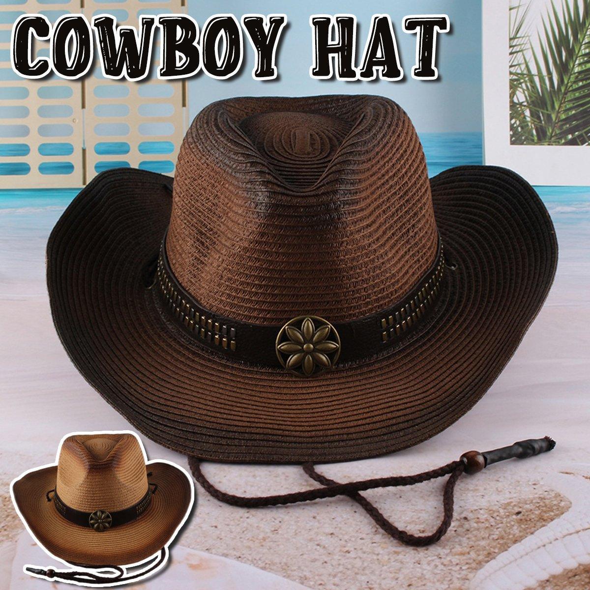 Outdoor Western Cowboy Hat Unisex Straw Hat Visor Hats Big Wide Brim Hat Summer - Khaki