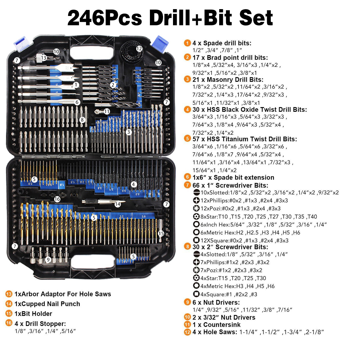 246pcs Drill Bit Set Hole Opener Drills Kit Metal Wood Plastic DIY Power Tools