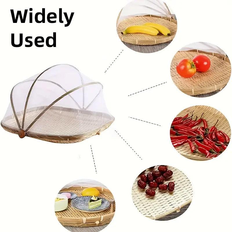 Bamboo Baskets Tray Anti Bug Food Fruit Storage Container with Mesh Cover