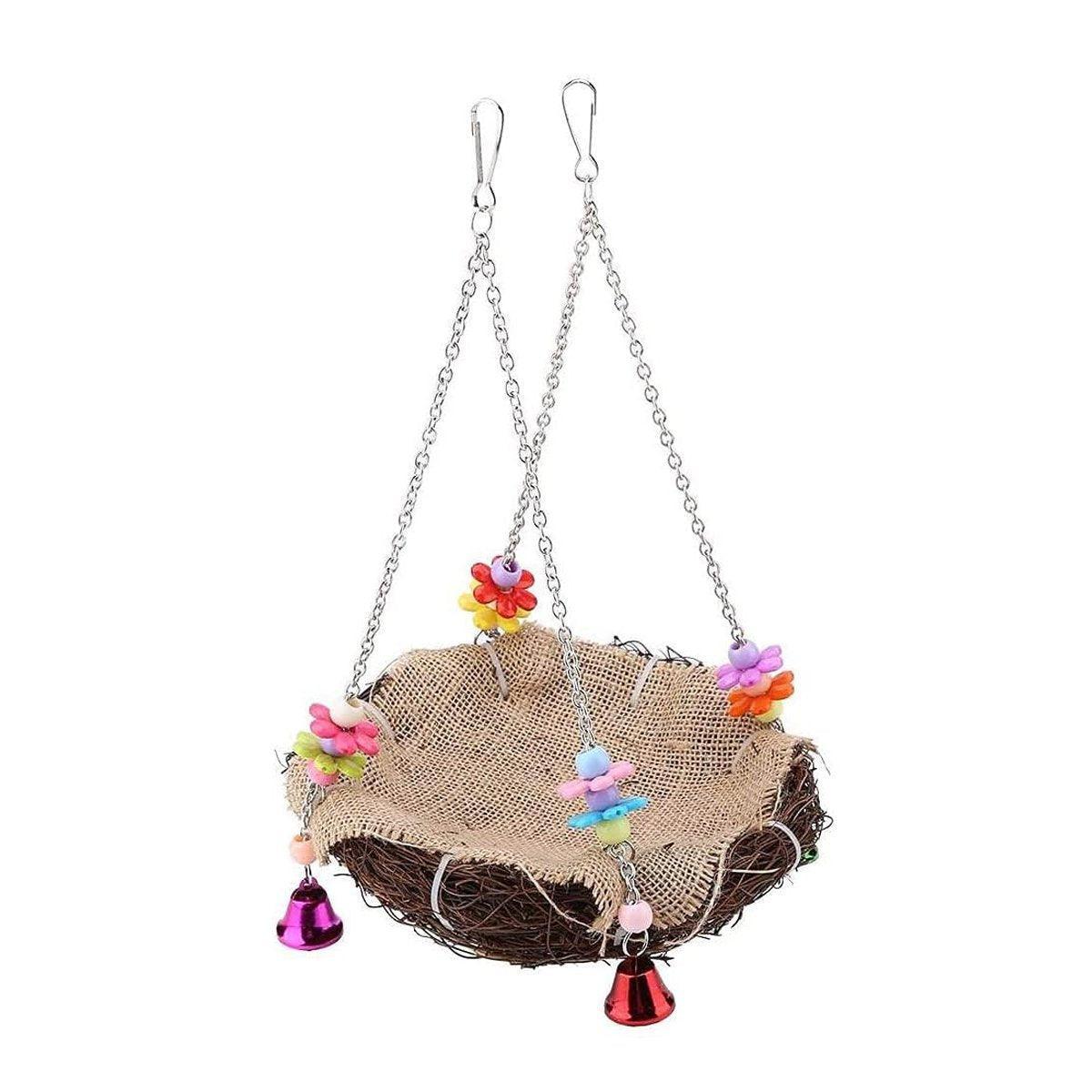 Bird Parrot Swing Stand Rattan Nest Hanging Basket Chew Toy for Small Medium Pet - L-20cm